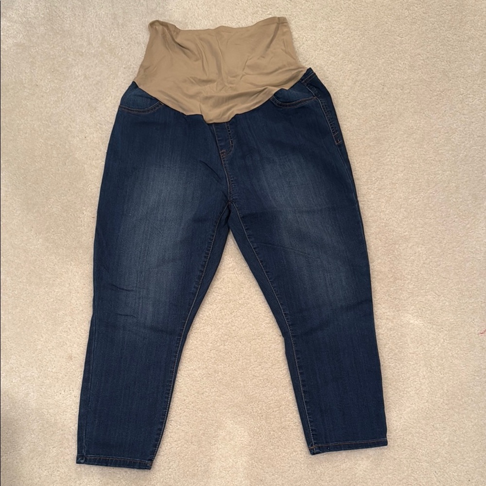 C Pink Women's Maternity Dark Blue Ankle Jeans with Tan Waistband